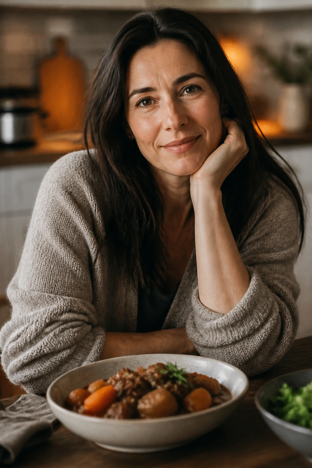 Close-up portrait of a calm adult at a cozy kitchen table with a simple dish, representing a quieter dinner rhythm