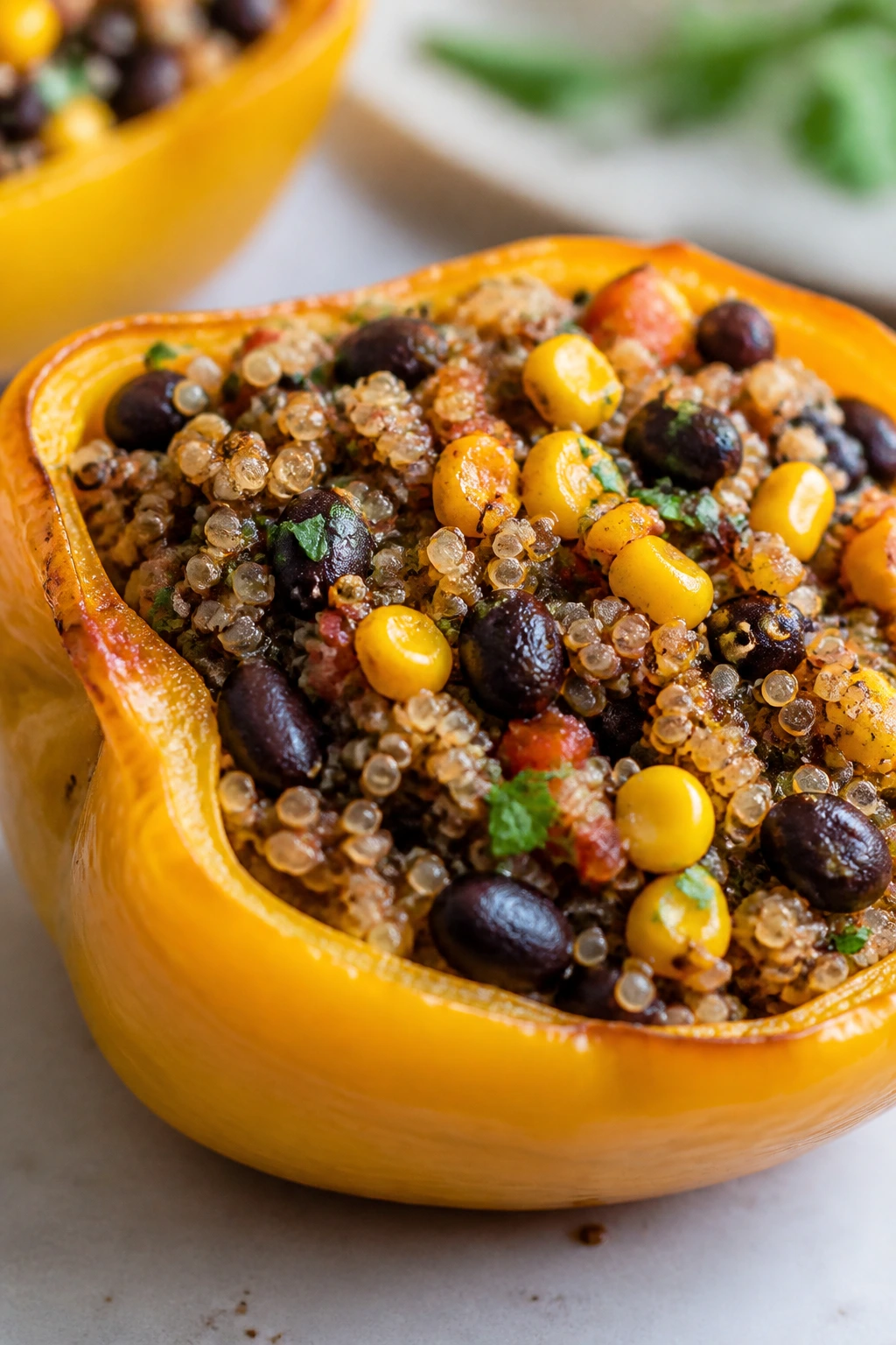 Vegetarian quinoa and black bean stuffed pepper half in kitchen light