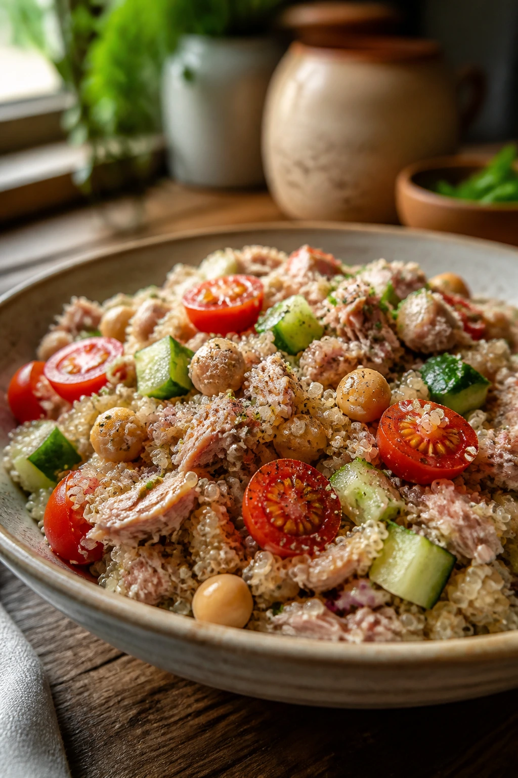 Close-up of a quinoa bowl with toppings in a rustic kitchen