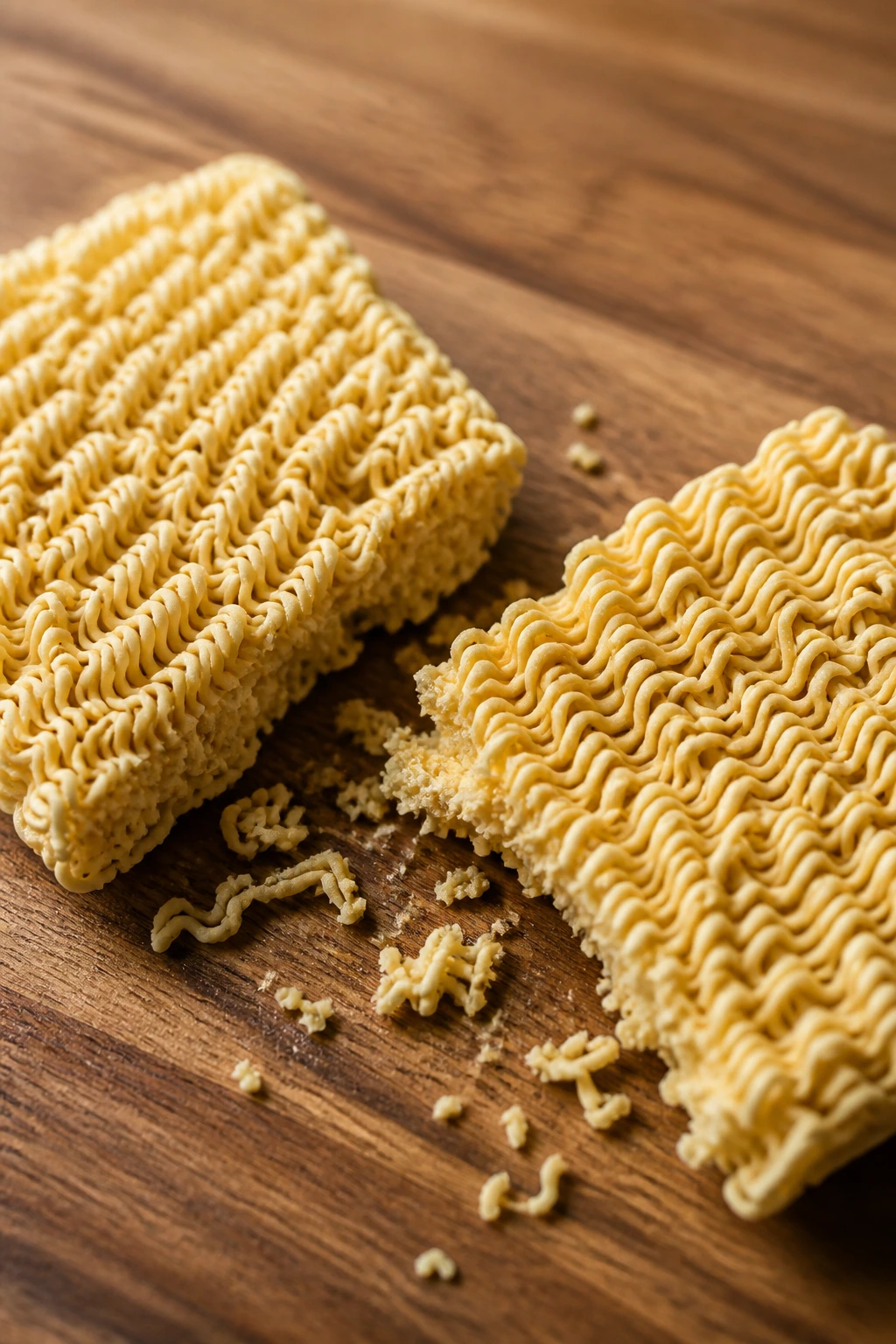 Dry ramen bricks on a wooden surface