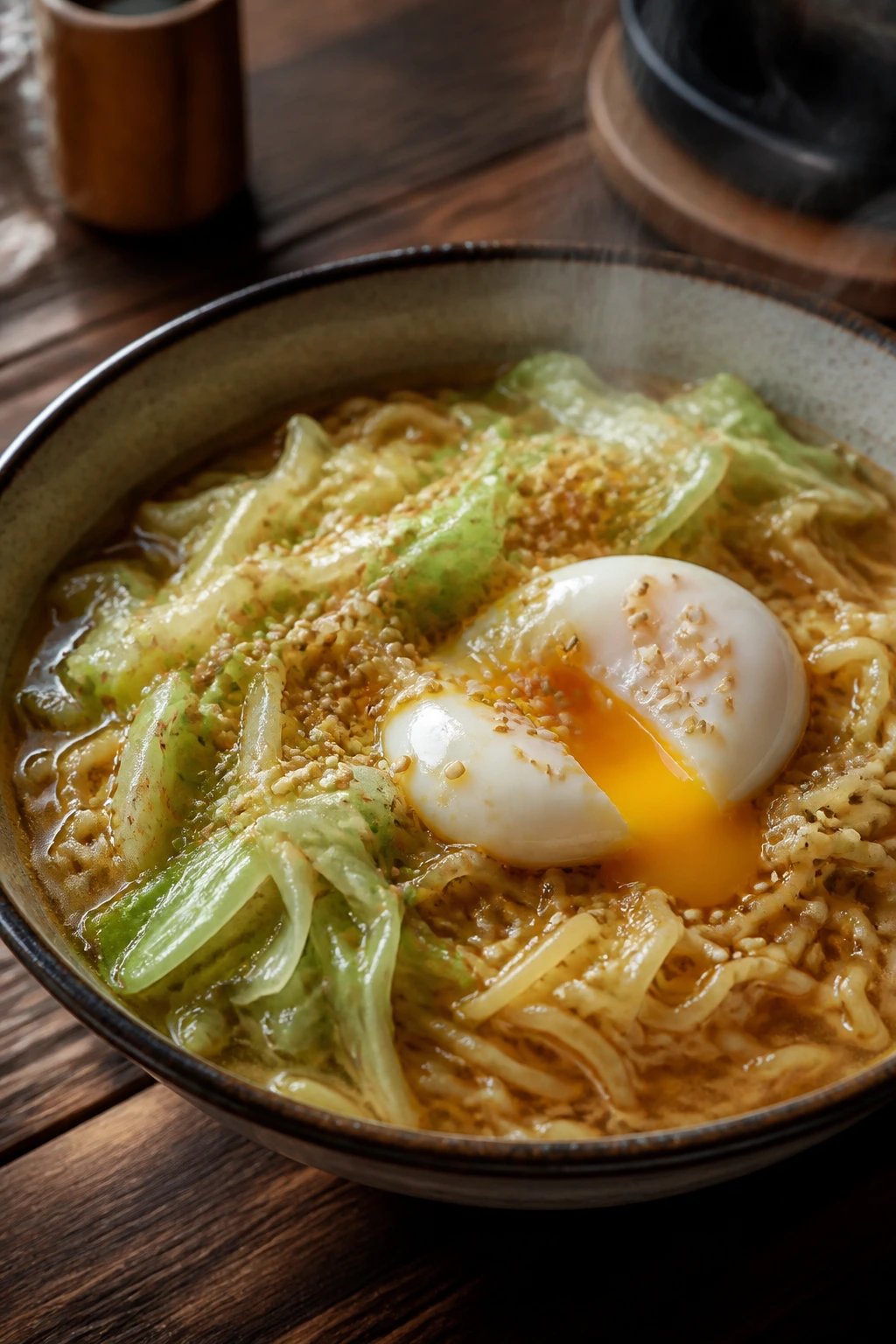 Close-up of ramen with cabbage and soft egg in a bowl