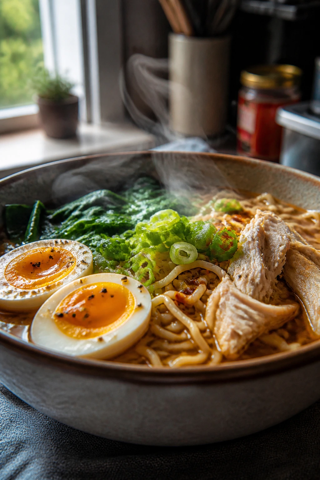 Steaming ramen bowl on dorm kitchen counter