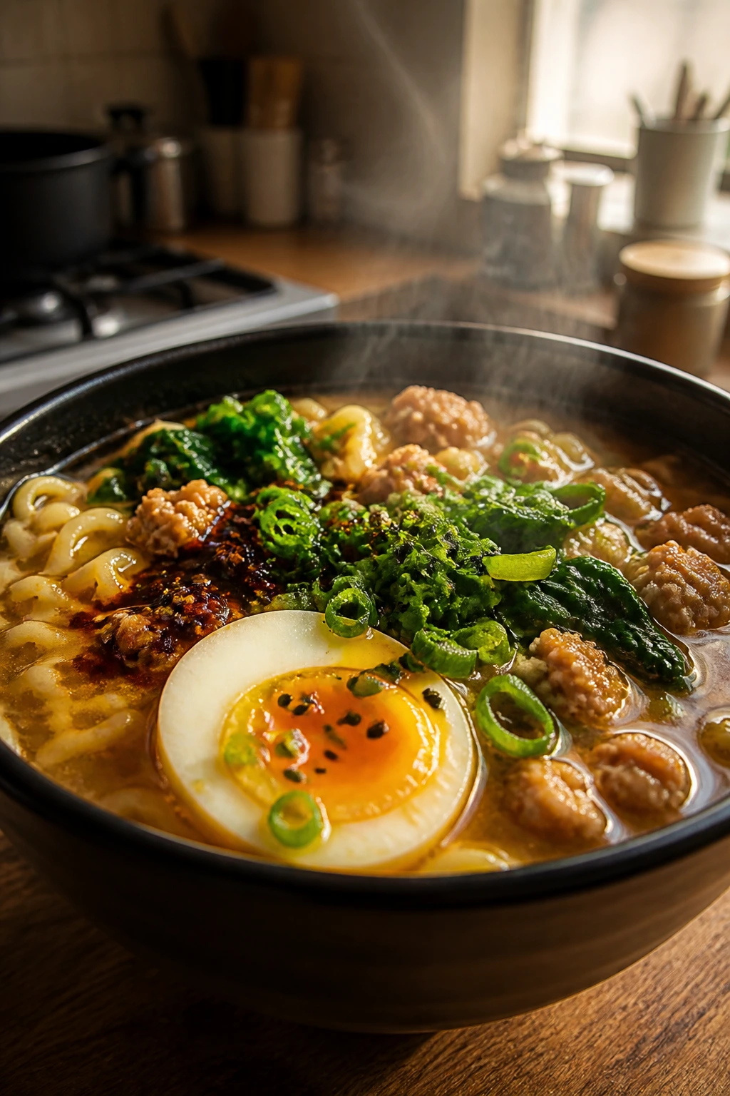 Close-up of steaming ramen bowl with egg and greens in a dorm kitchen