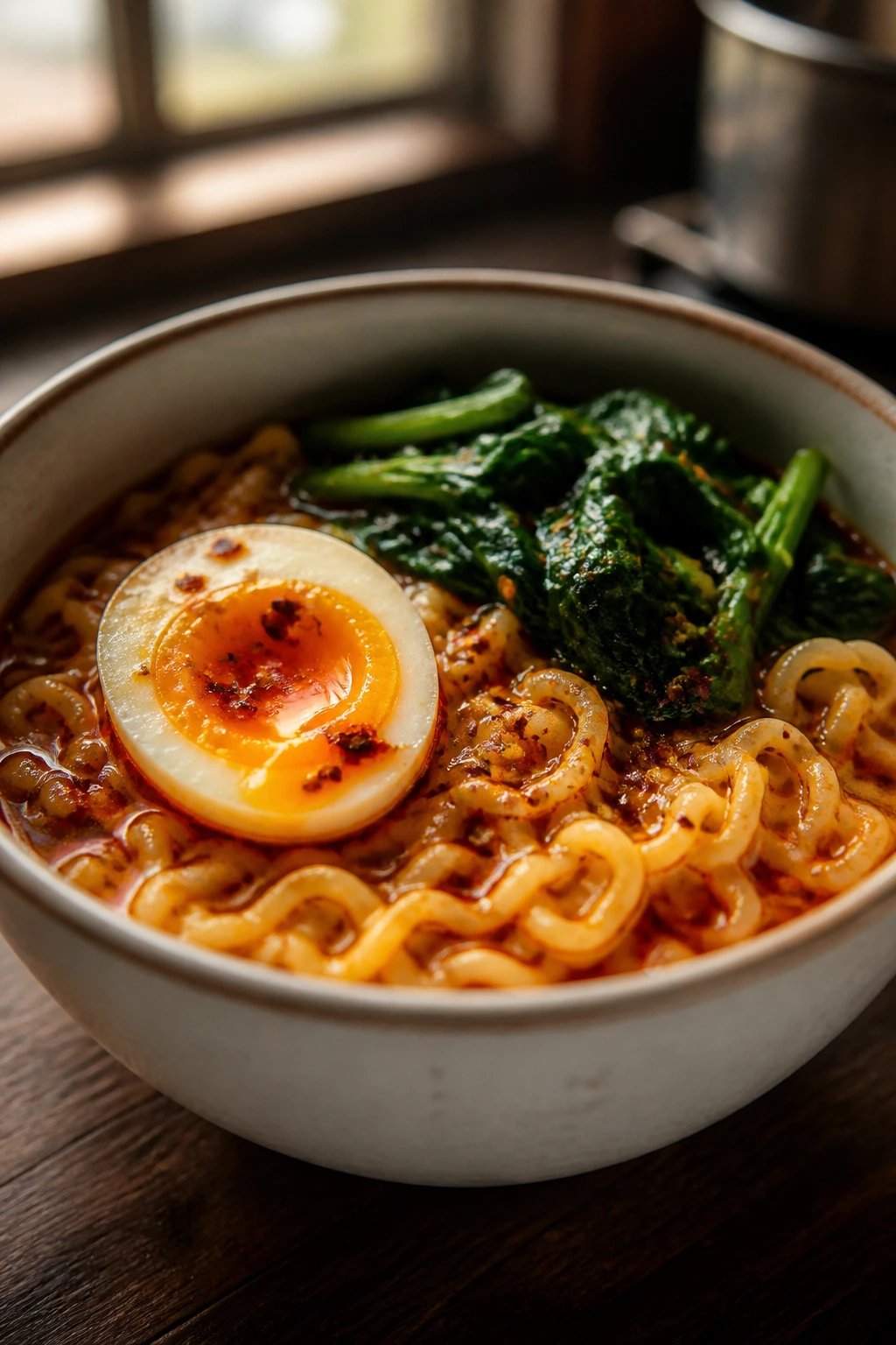 Ramen bowl with egg and greens in a cozy kitchen