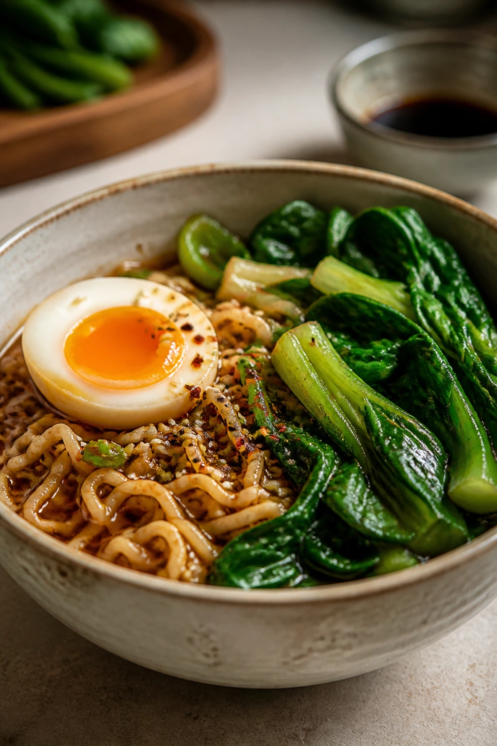 Close-up ramen bowl with egg and greens