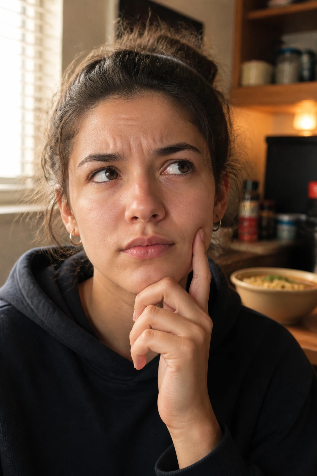 Close-up portrait of a student in a dorm kitchen contemplating ramen questions