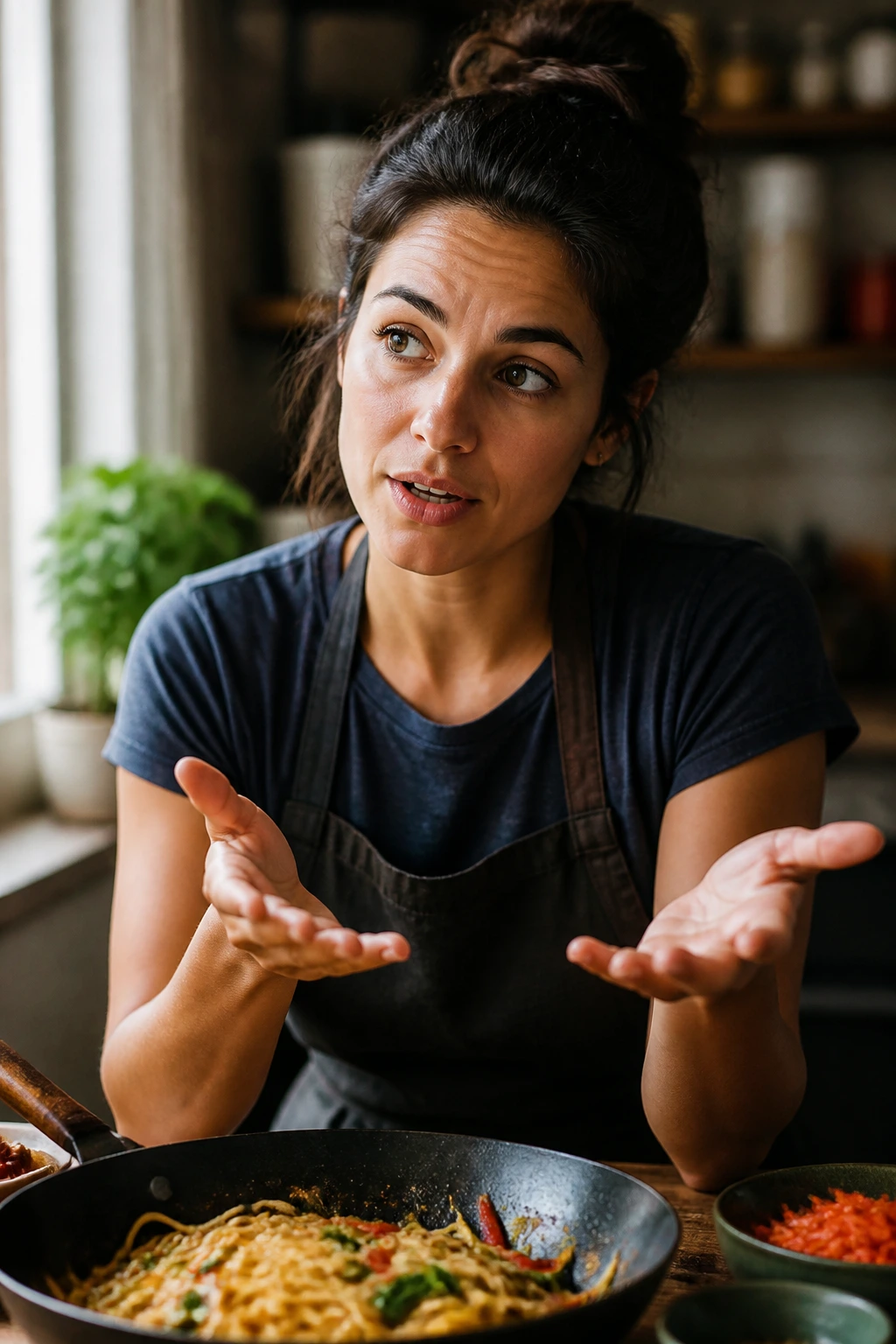 Close-up portrait of person in kitchen with thoughtful expression