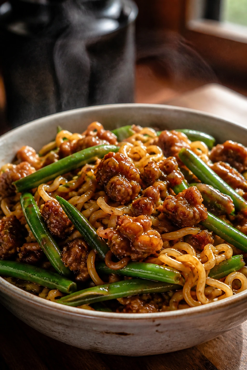 Close-up of hoisin turkey ramen with green beans in glossy sauce