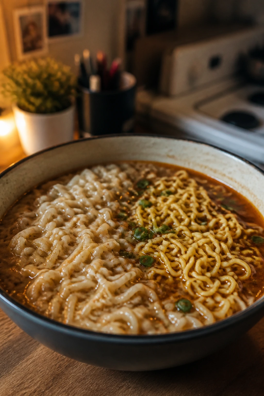 Close-up of a ramen bowl showing overcooked and springy noodles, illustrating common mistakes in ramen cooking
