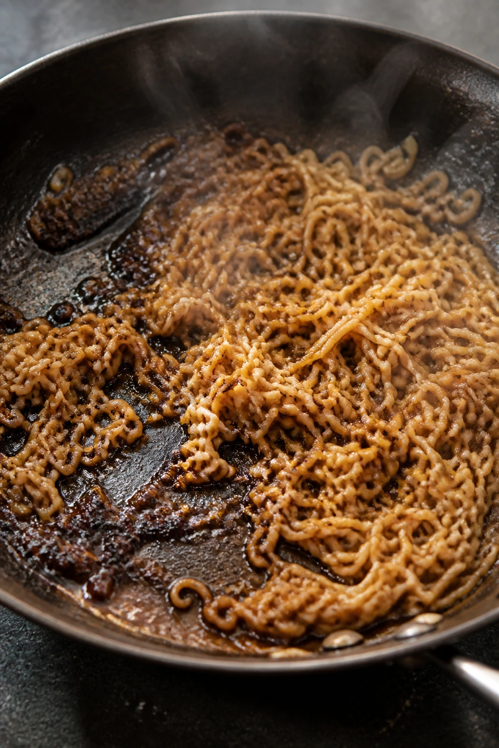 Skillet with overcooked ramen noodles and burnt sauce