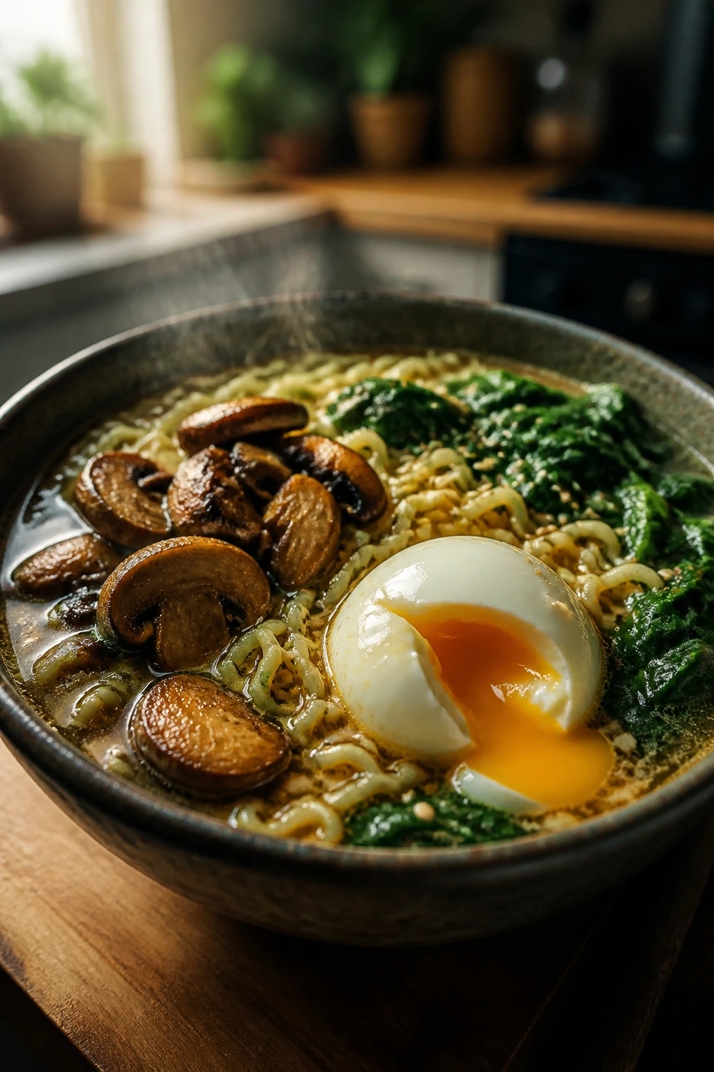 Close-up of ramen with mushrooms, spinach, and a soft egg in a dorm kitchen