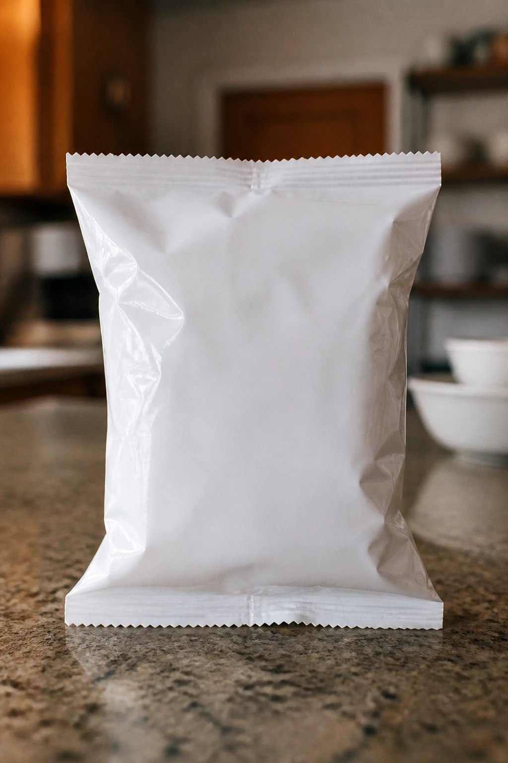 Close-up of a single plain ramen packet centered on a kitchen counter