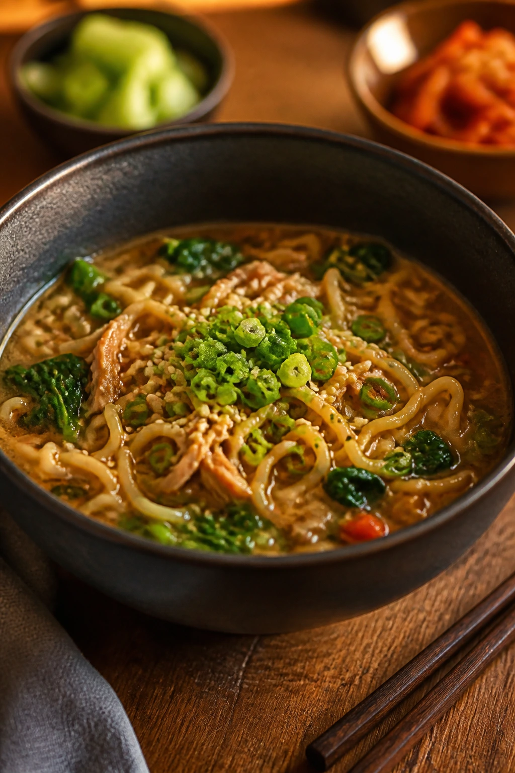 Ramen bowl served in deep bowl with scallions and sesame seeds