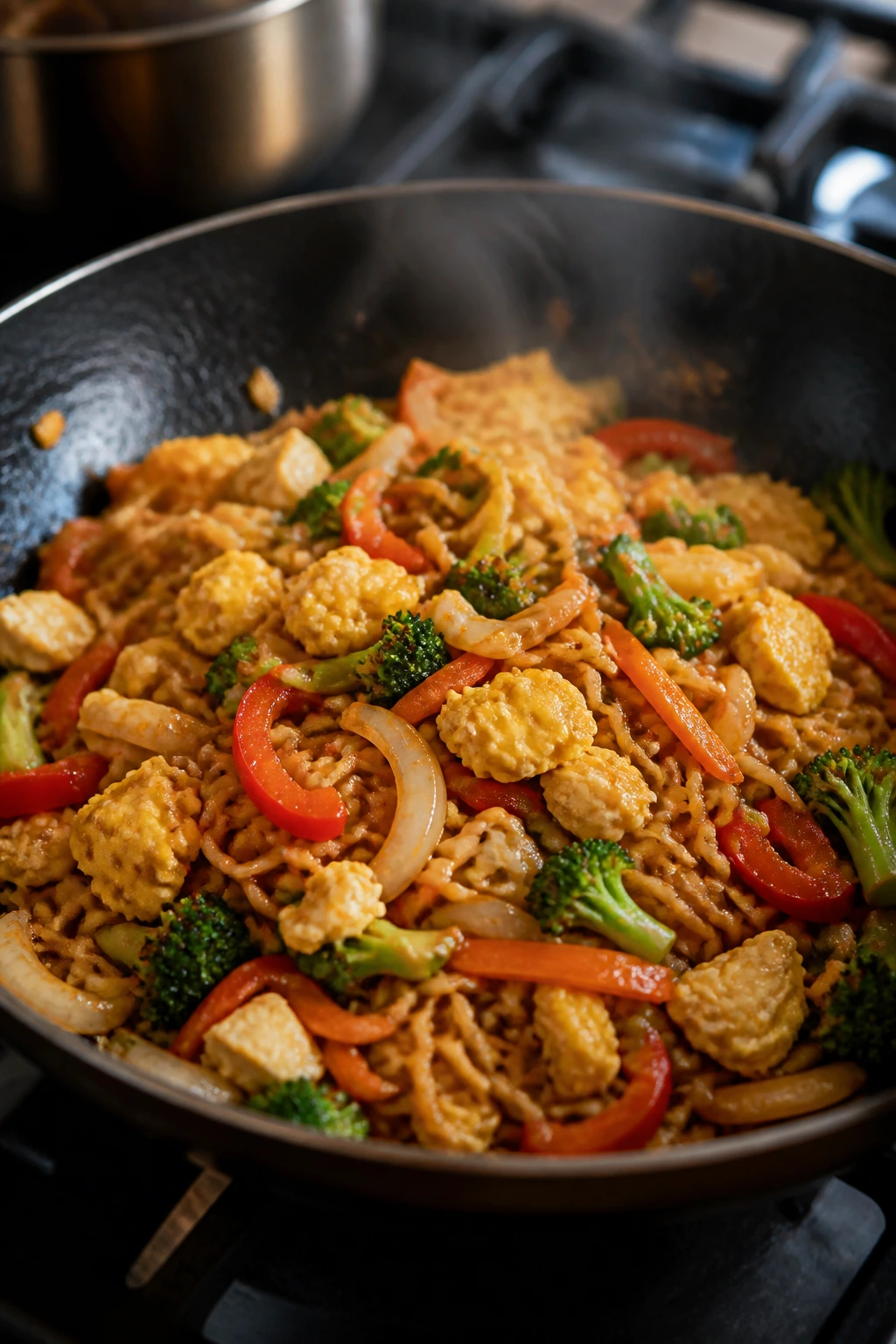 Close-up of ramen stir-fry with eggs and vegetables in a pan.