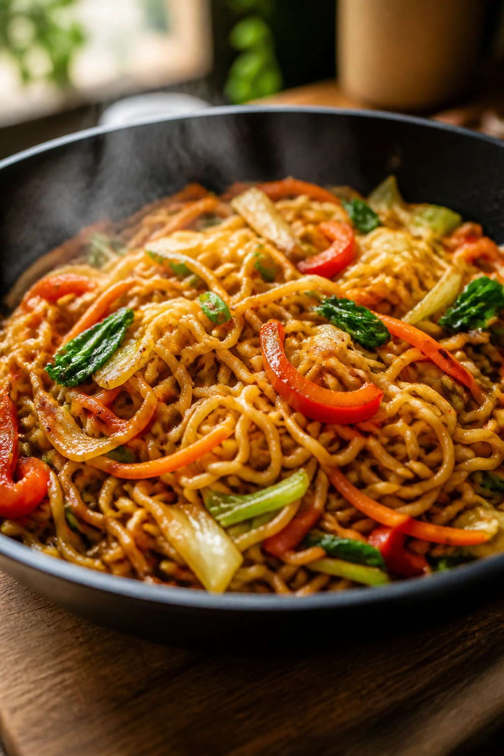 Close-up of ramen stir-fry in a pan with vegetables in a home kitchen