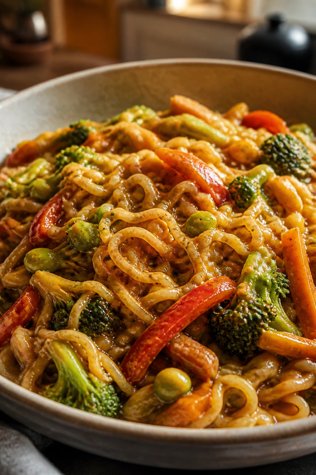 Close-up of ramen stir-fry in a bowl with peanut sauce
