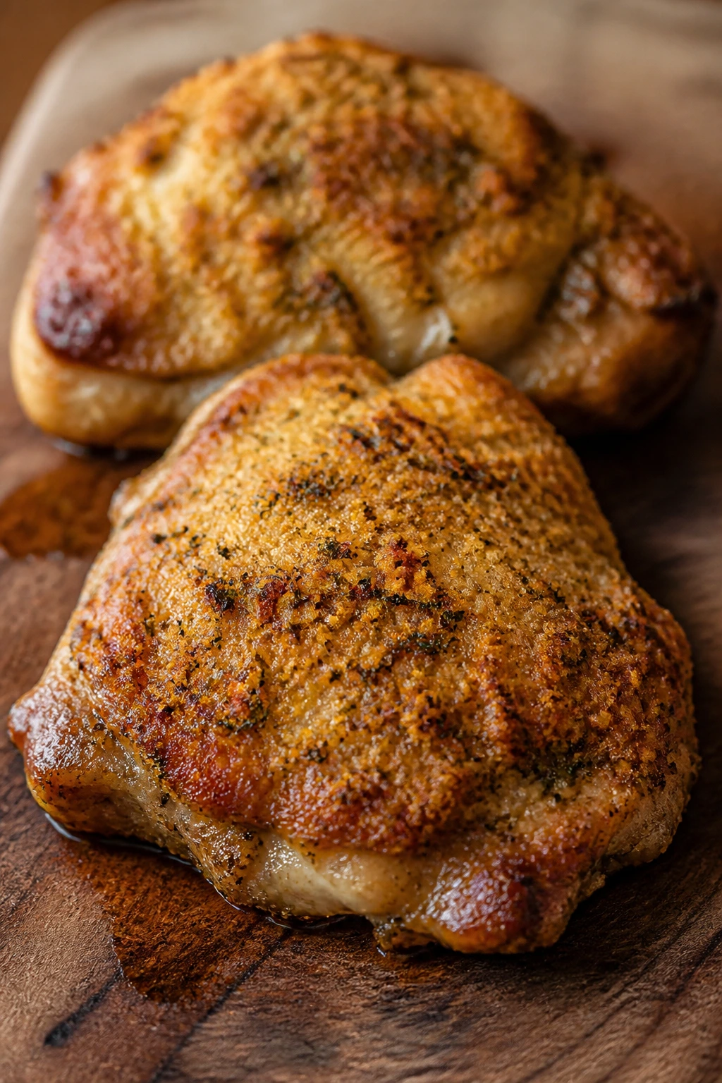 Close-up of ranch-crusted chicken thighs with golden crust