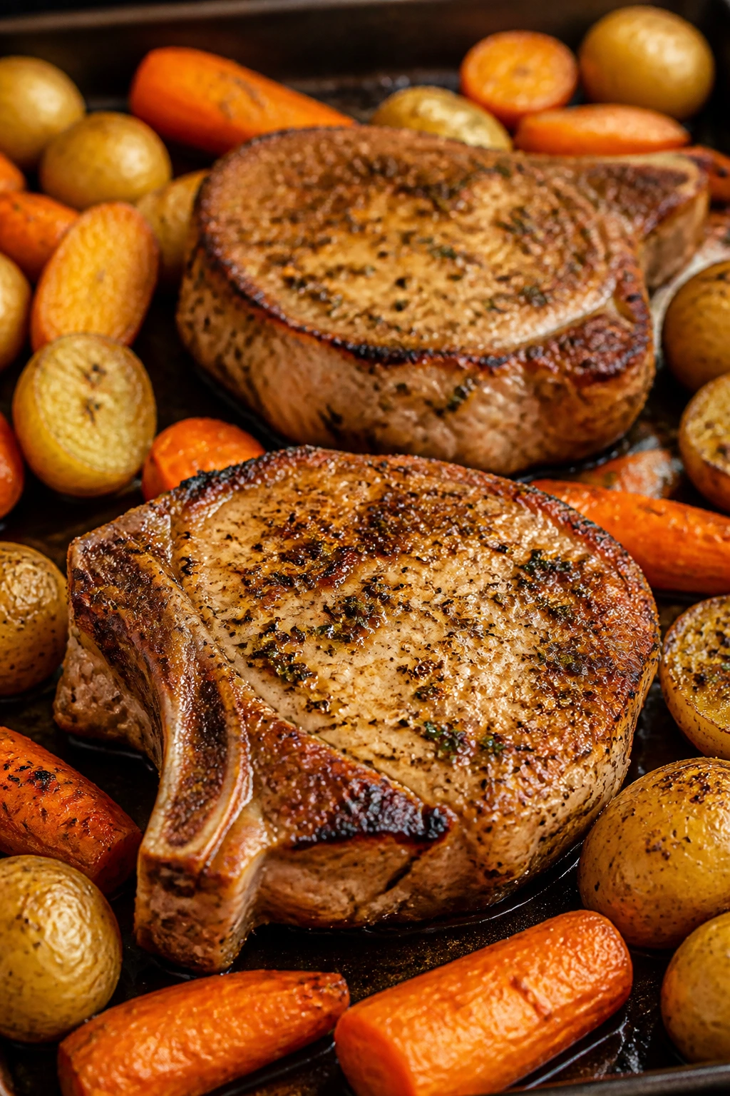 Ranch-seasoned pork chops with potatoes and carrots on a sheet tray