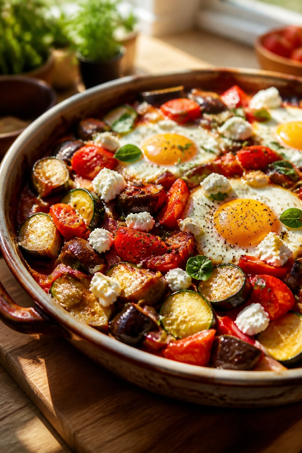 Close-up of baked ratatouille with eggs and goat cheese in a rustic dish