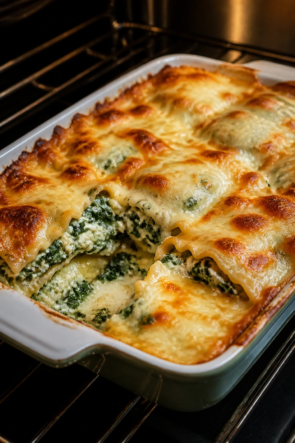 Bubbling spinach ricotta ravioli bake with melted mozzarella