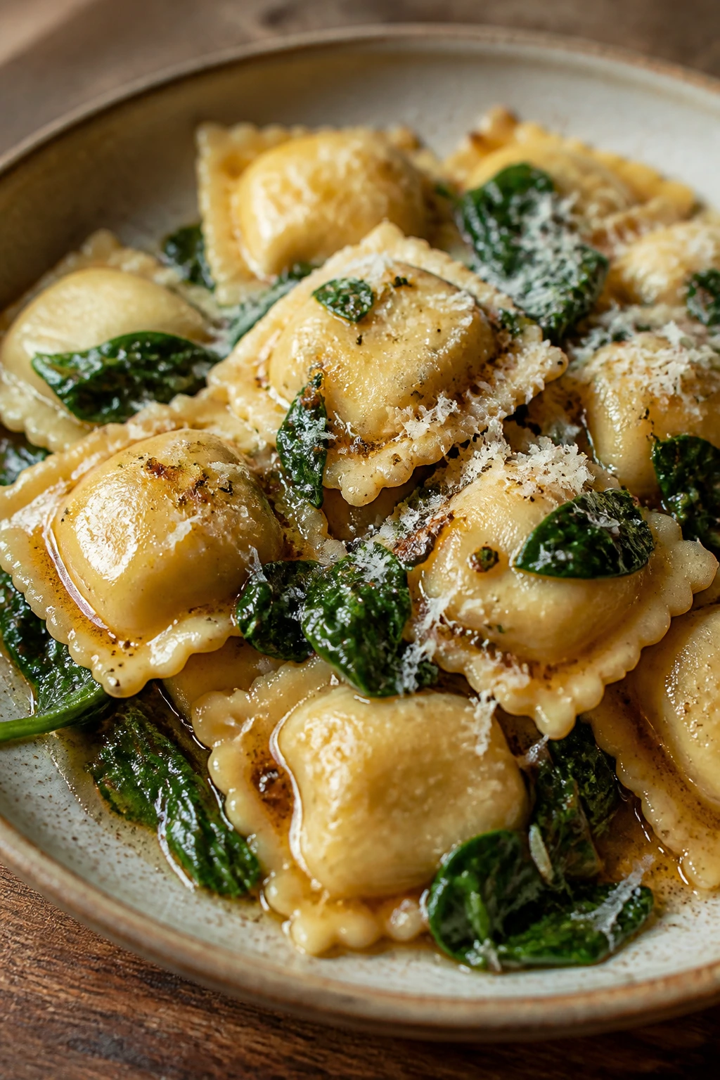 Close-up of ravioli with brown butter and spinach on a rustic plate