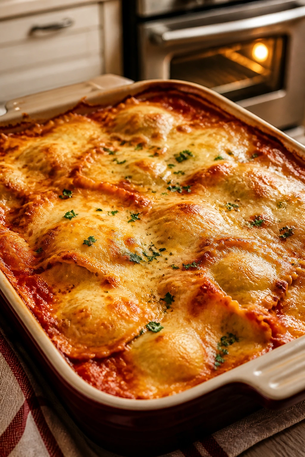 Close-up of bubbling cheesy ravioli casserole in a baking dish