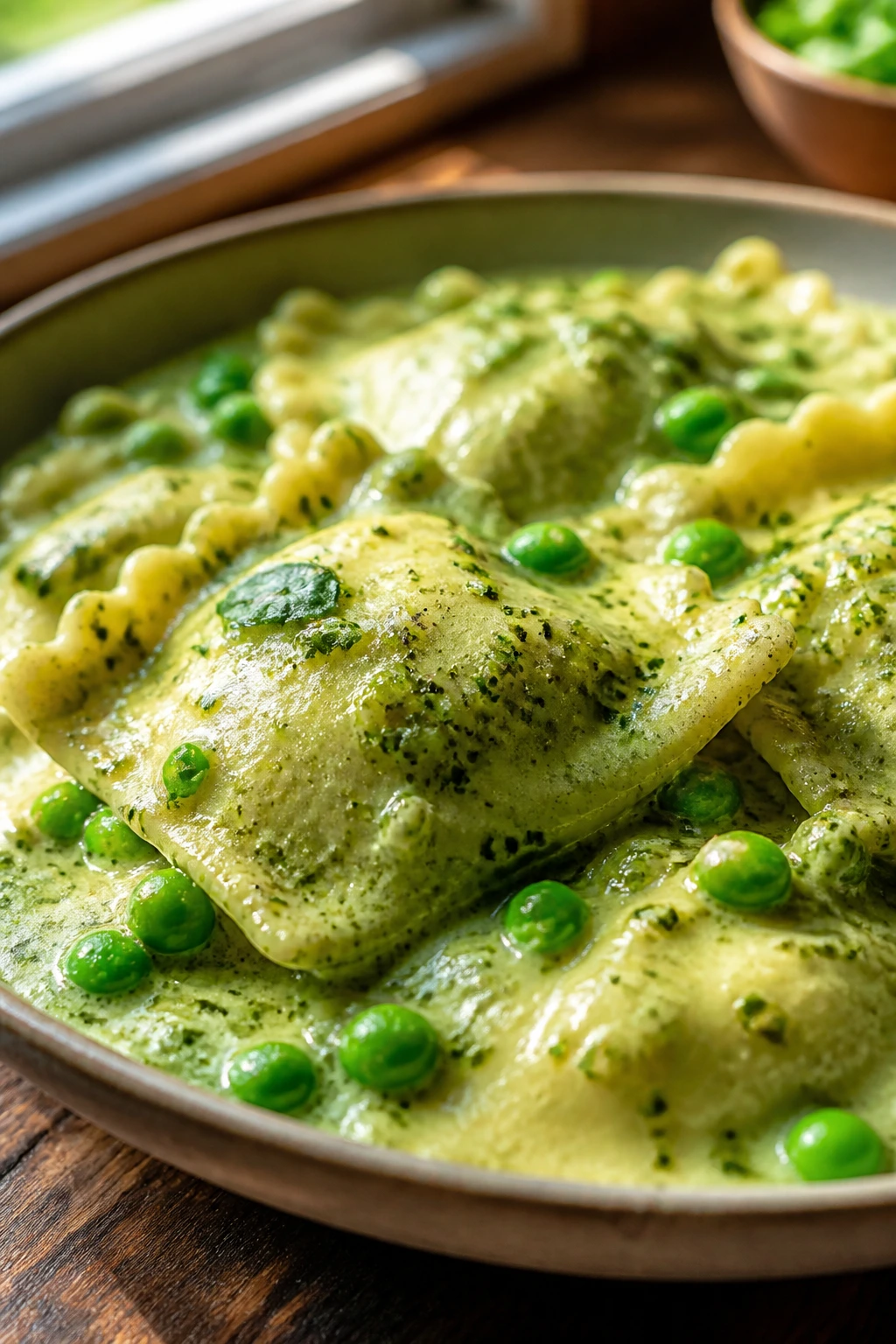 Ravioli with peas in pesto cream sauce on wooden table