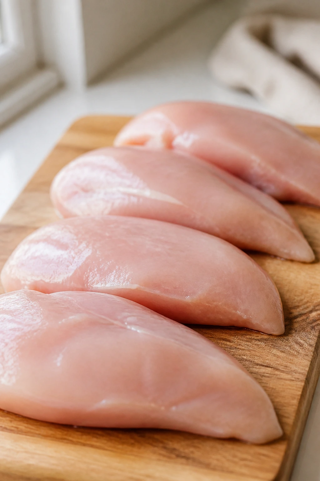 Raw chicken breasts on cutting board