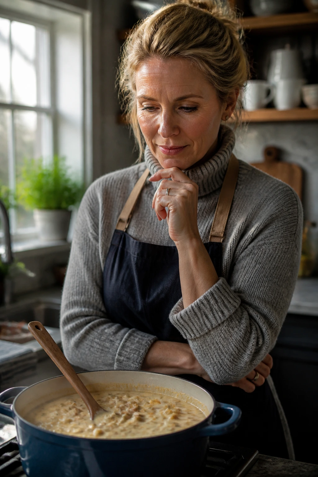 Portrait of a real person in a kitchen pondering chowder questions