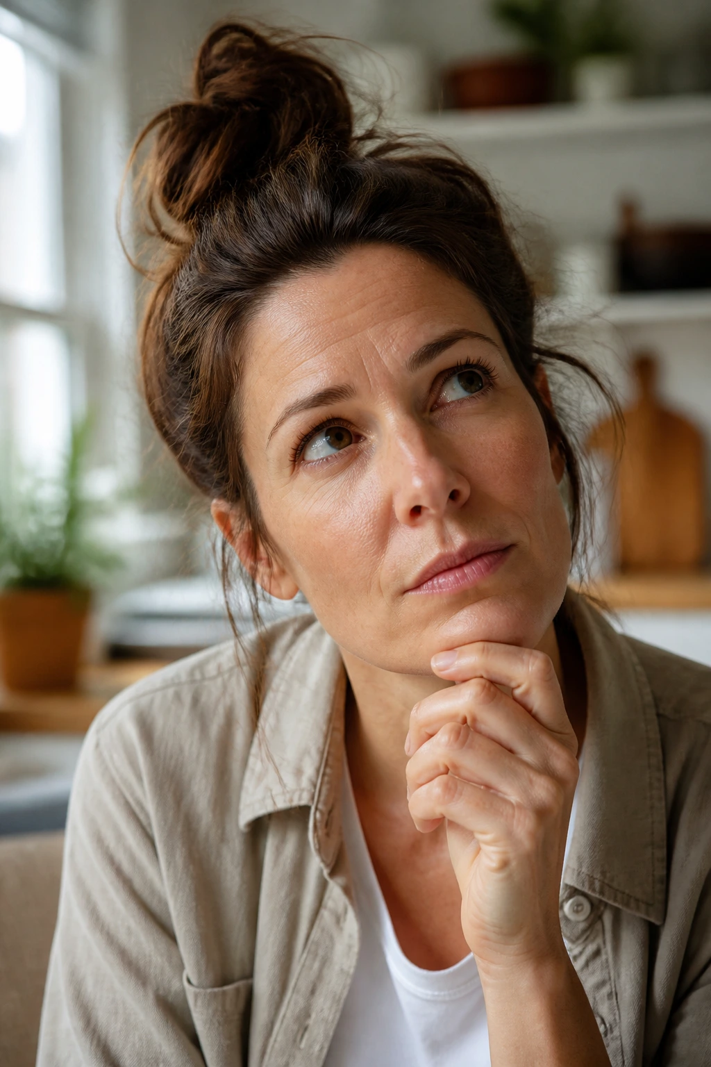 Close-up portrait of a reader with thoughtful expression in kitchen light