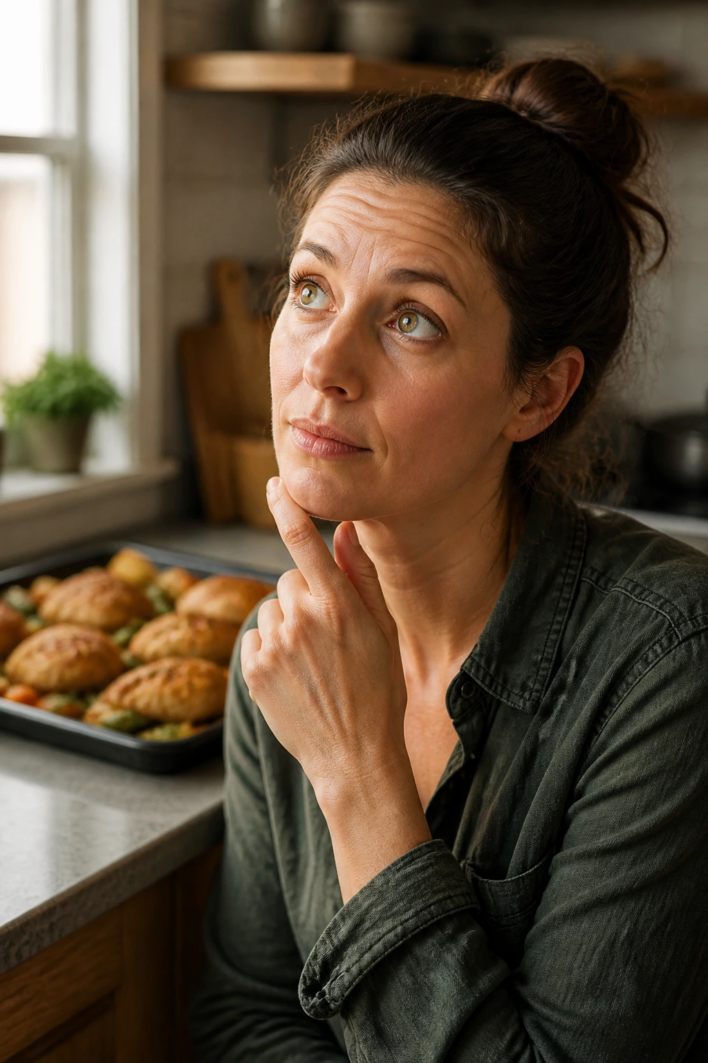 Portrait of a real person in a kitchen with a sheet-pan dinner, thoughtful expression.