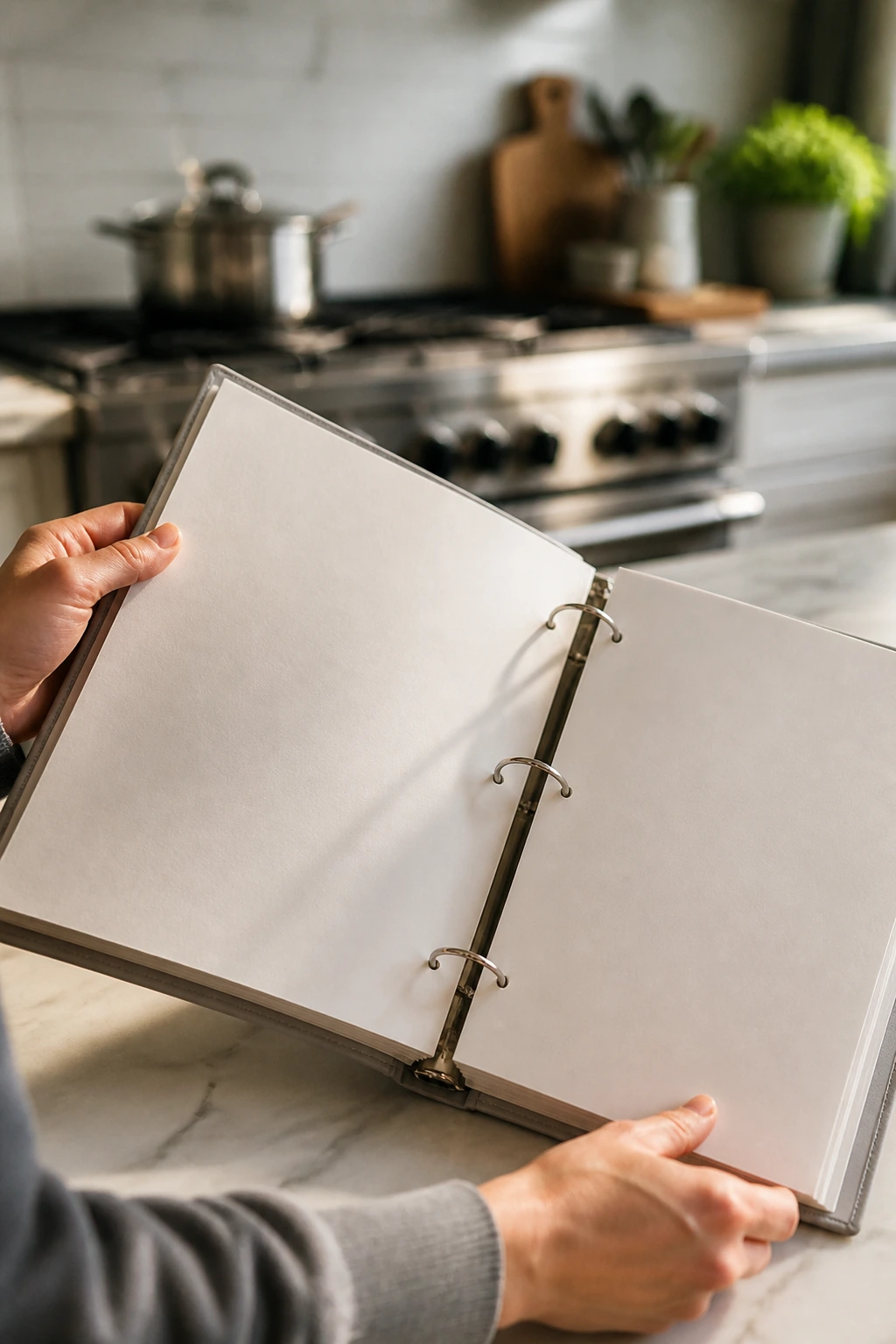 Hands opening a blank recipe binder on a kitchen island