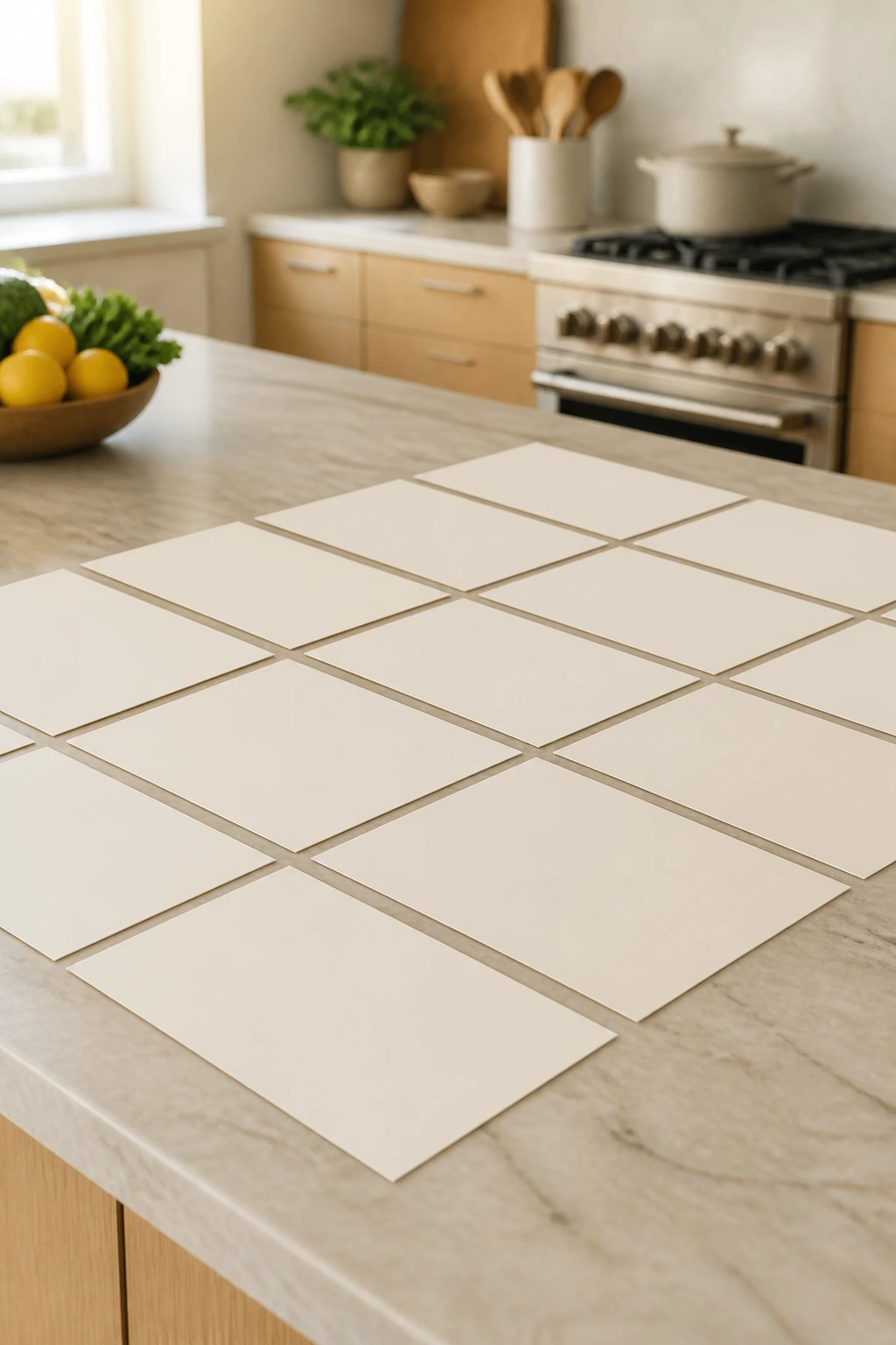 Close-up of blank recipe cards arranged in a neat grid on a kitchen island