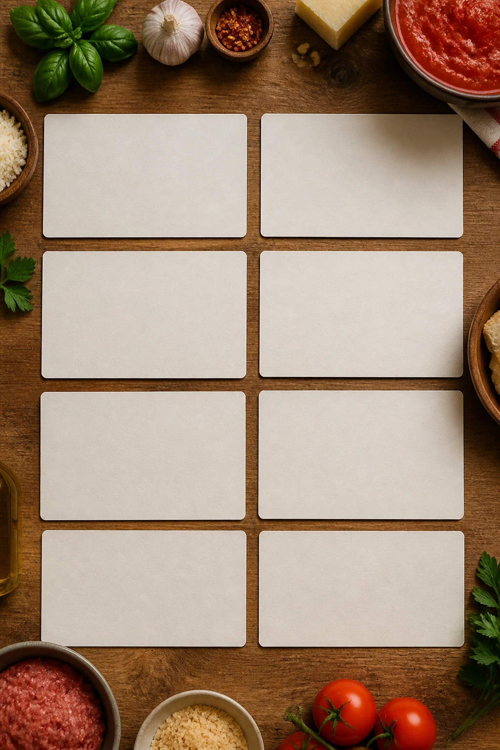 Top-down view of blank recipe cards on a wooden table.