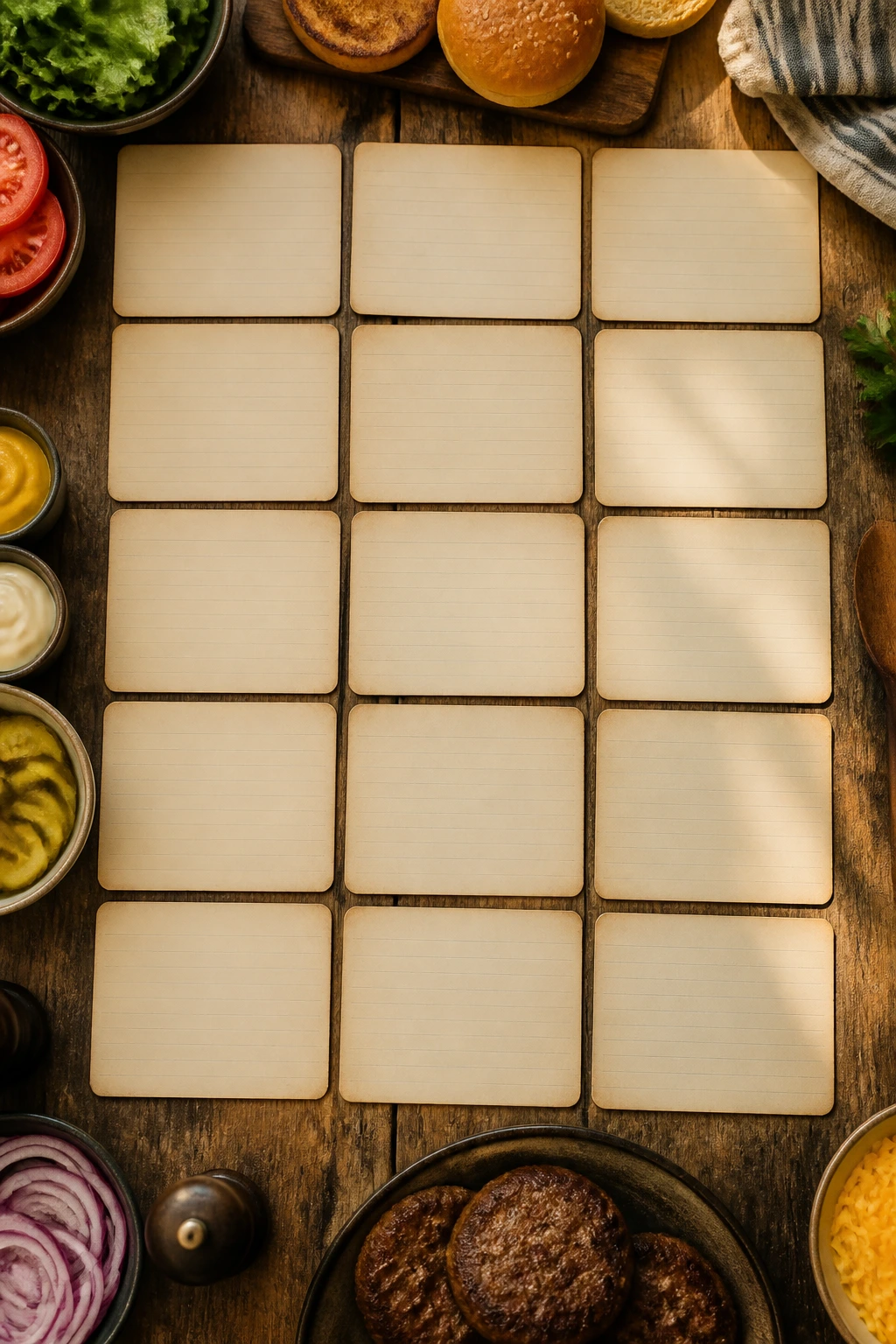 Top-down view of blank recipe cards on a wooden table ready for reference