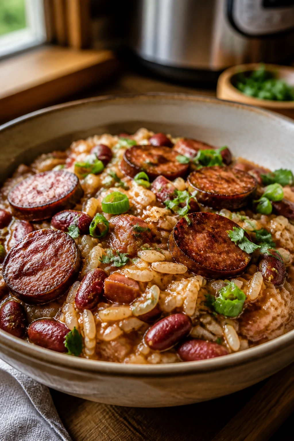 Close-up of red beans and rice with andouille sausage in a rustic bowl