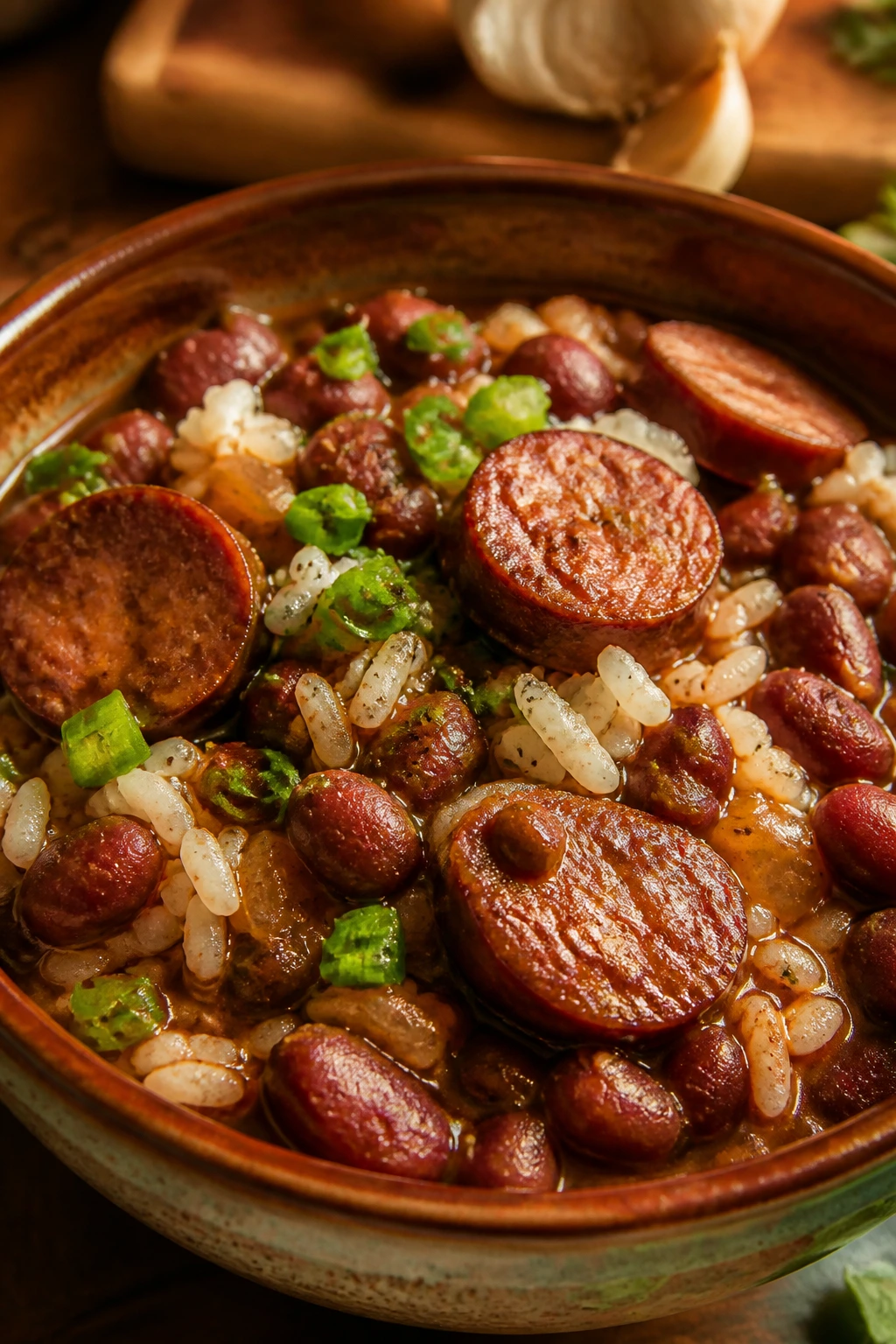 Red beans and rice with smoked sausage in a rustic bowl