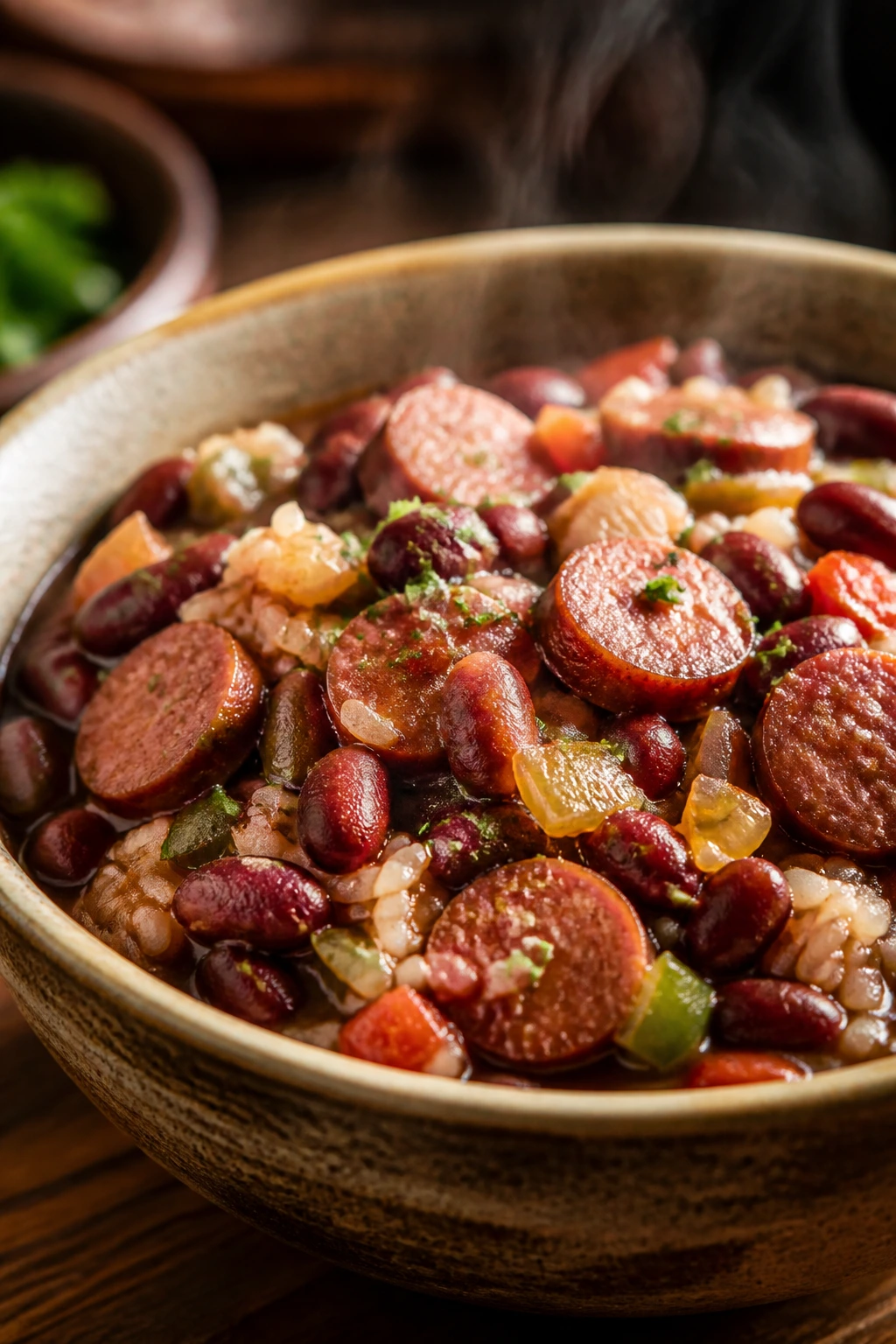 Red beans and rice with sausage in a rustic bowl