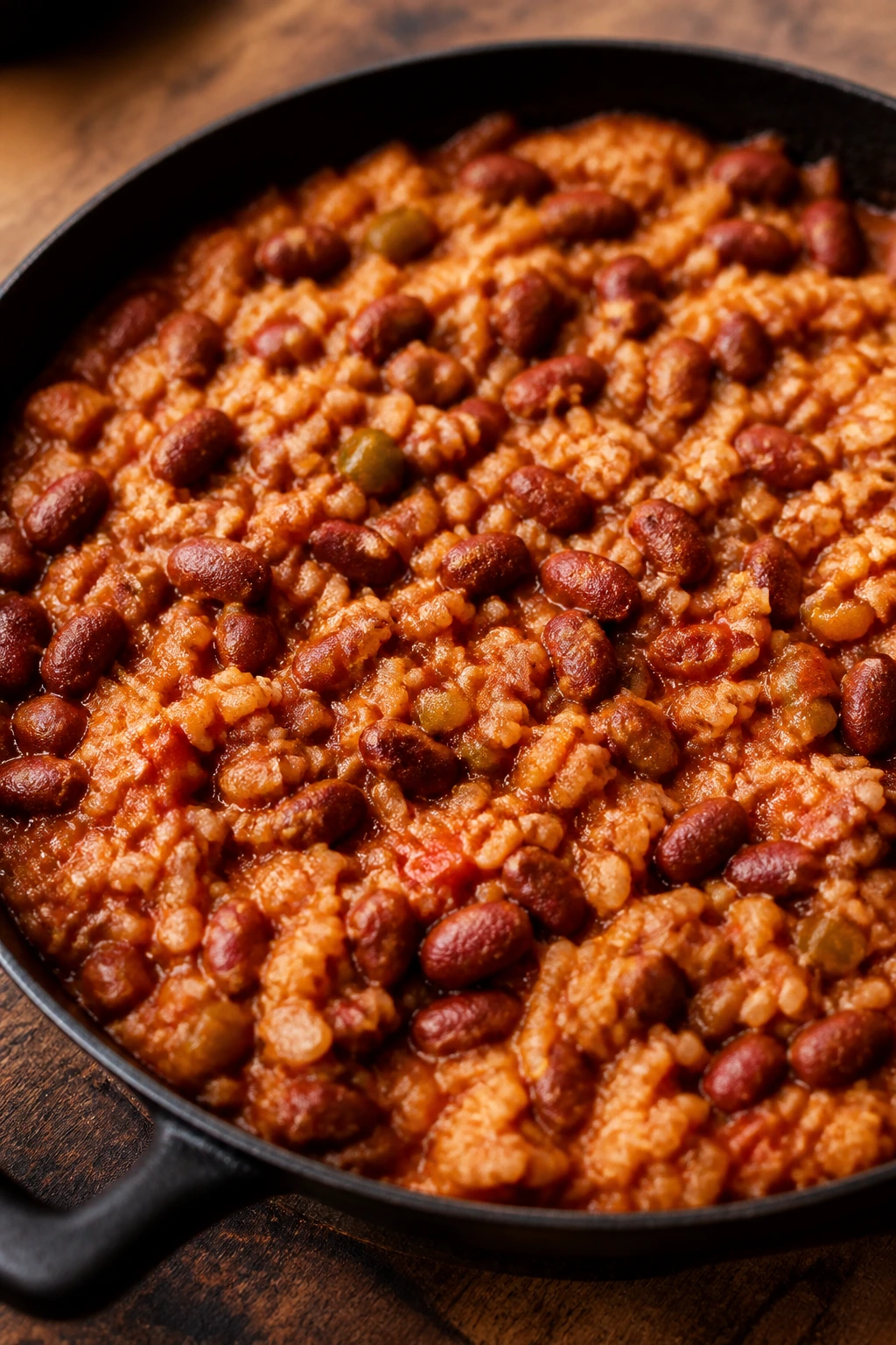 Close-up of smoky red beans and rice in a skillet.
