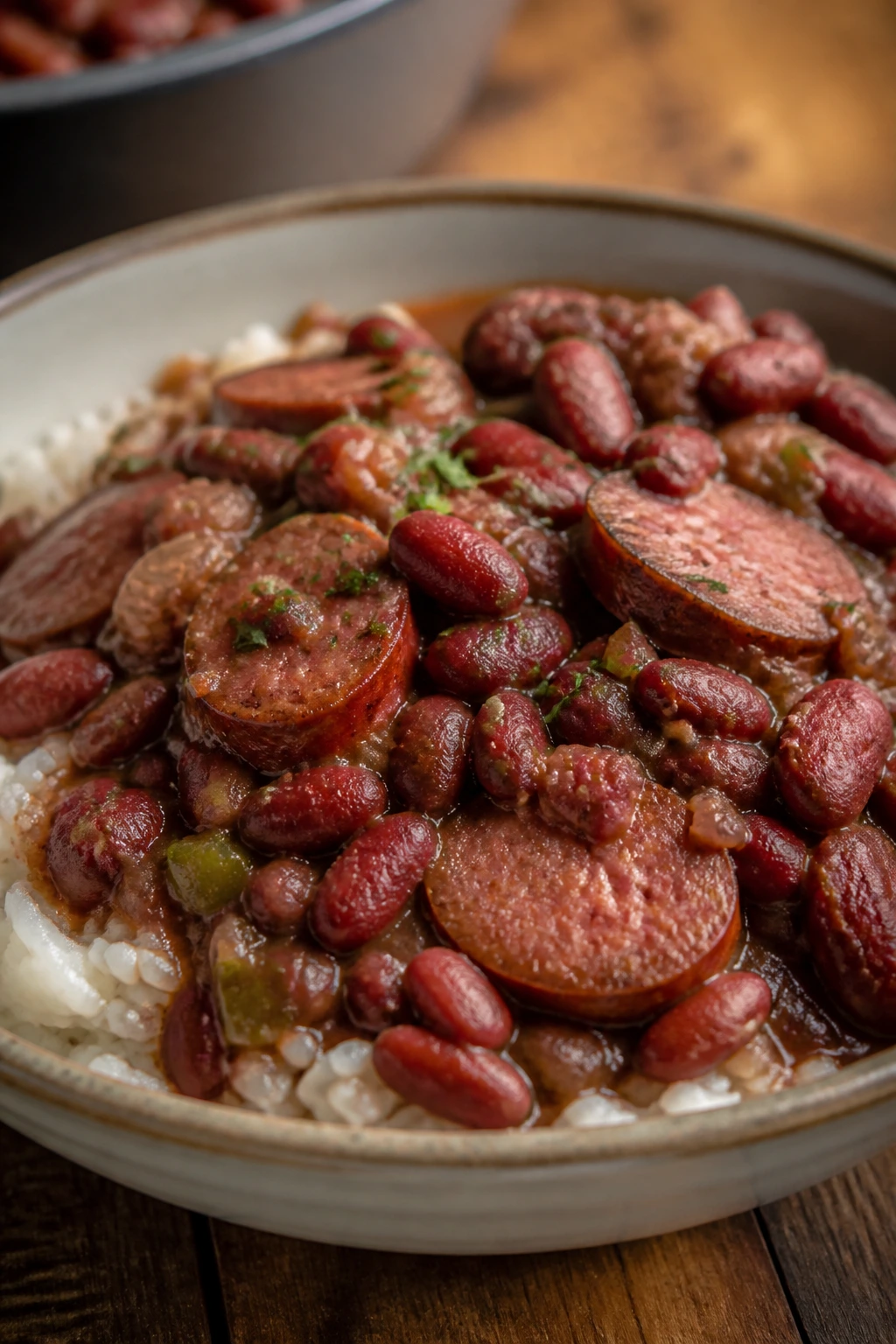 Red beans and rice with smoked sausage in a rustic bowl