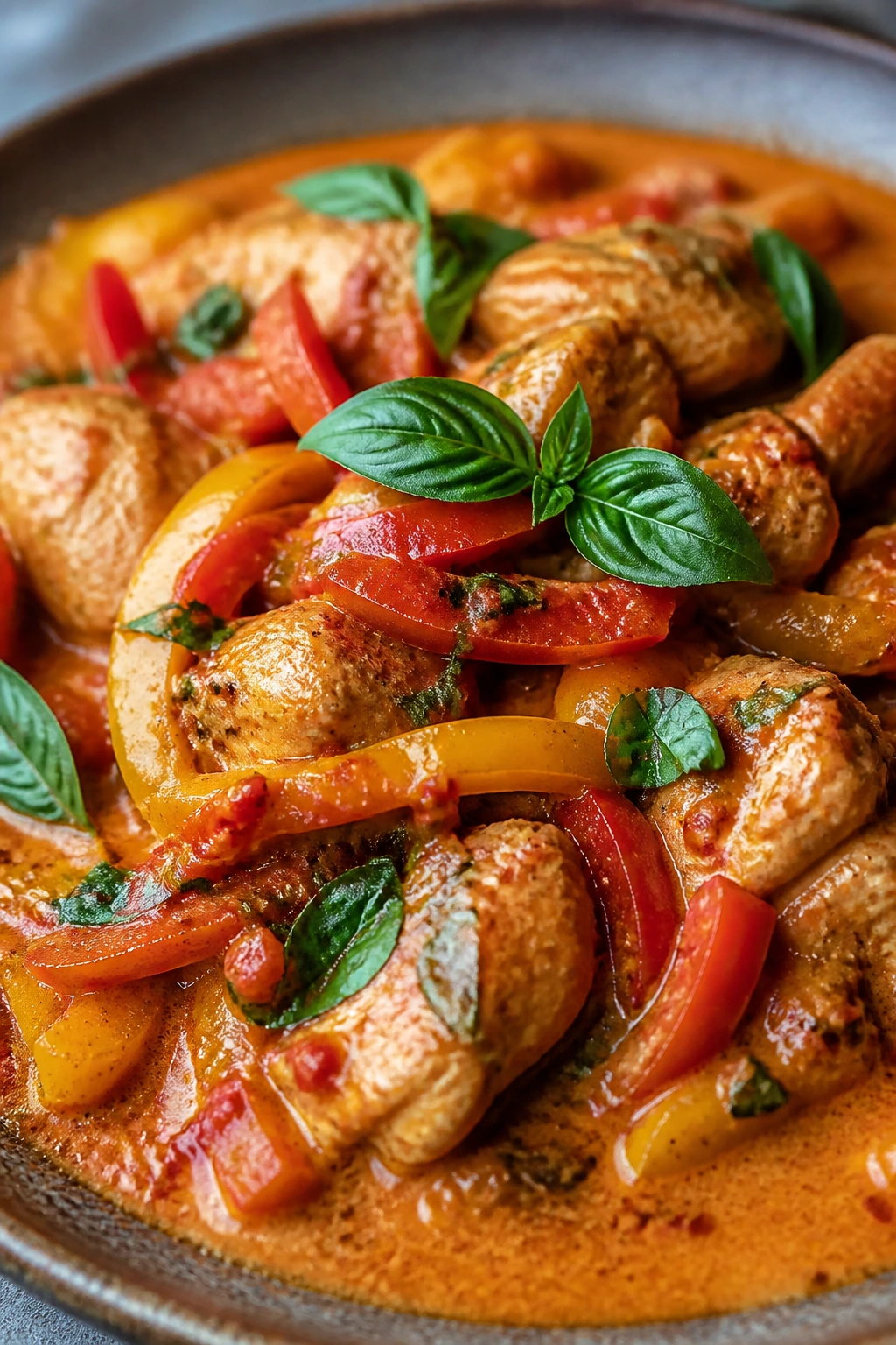 Close-up of red curry chicken with peppers and Thai basil