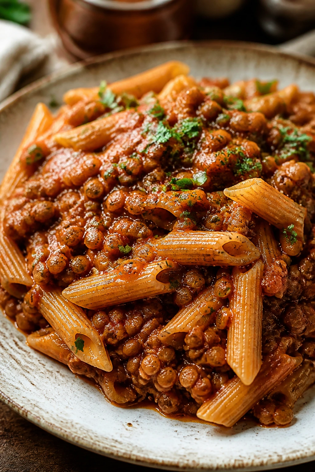 Close-up of red lentil Bolognese over pasta on rustic plate