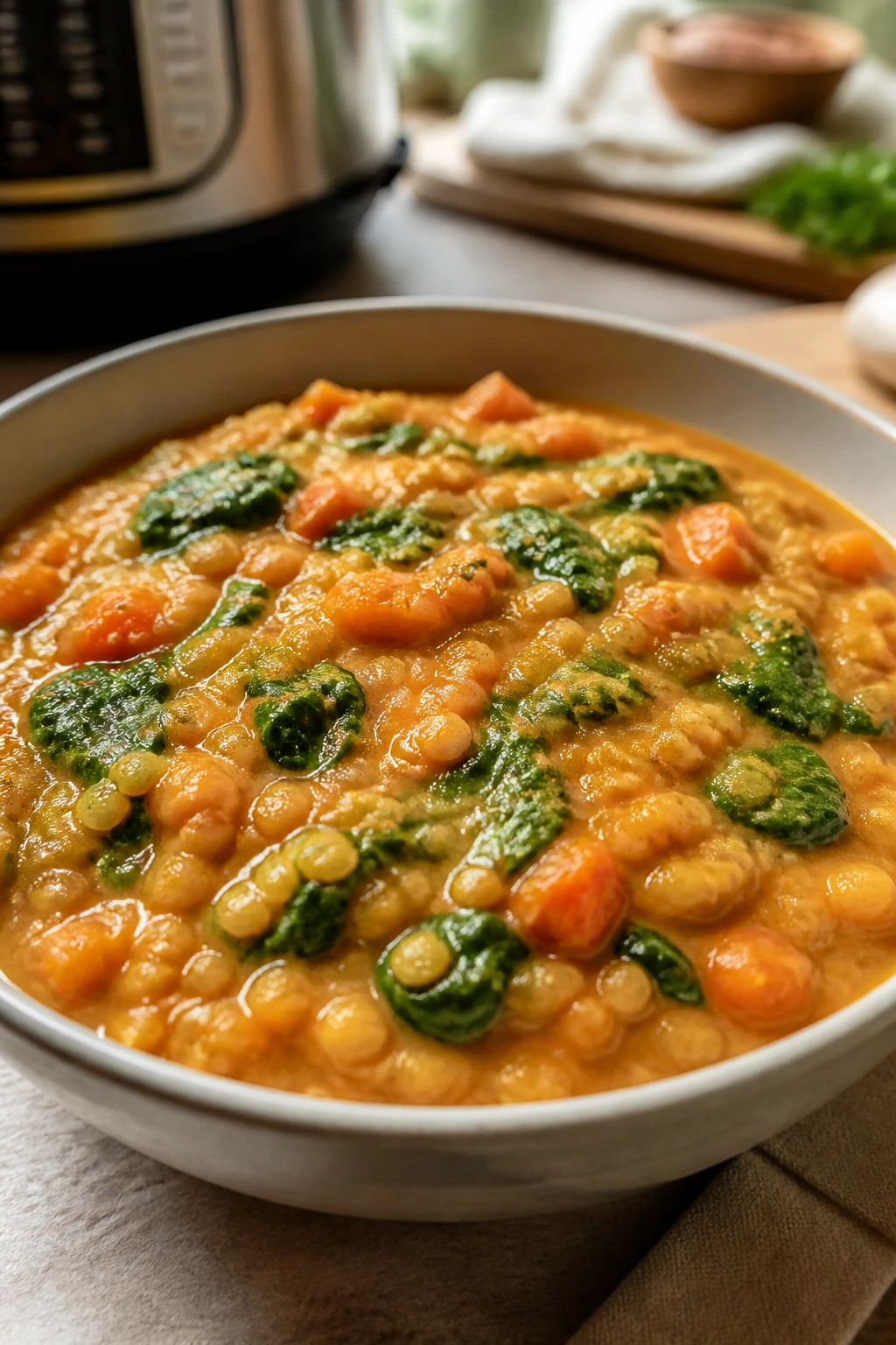 Red lentil curry with spinach in a bowl