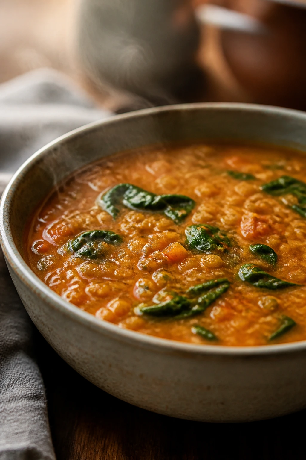 Steaming bowl of red lentil soup with spinach on top