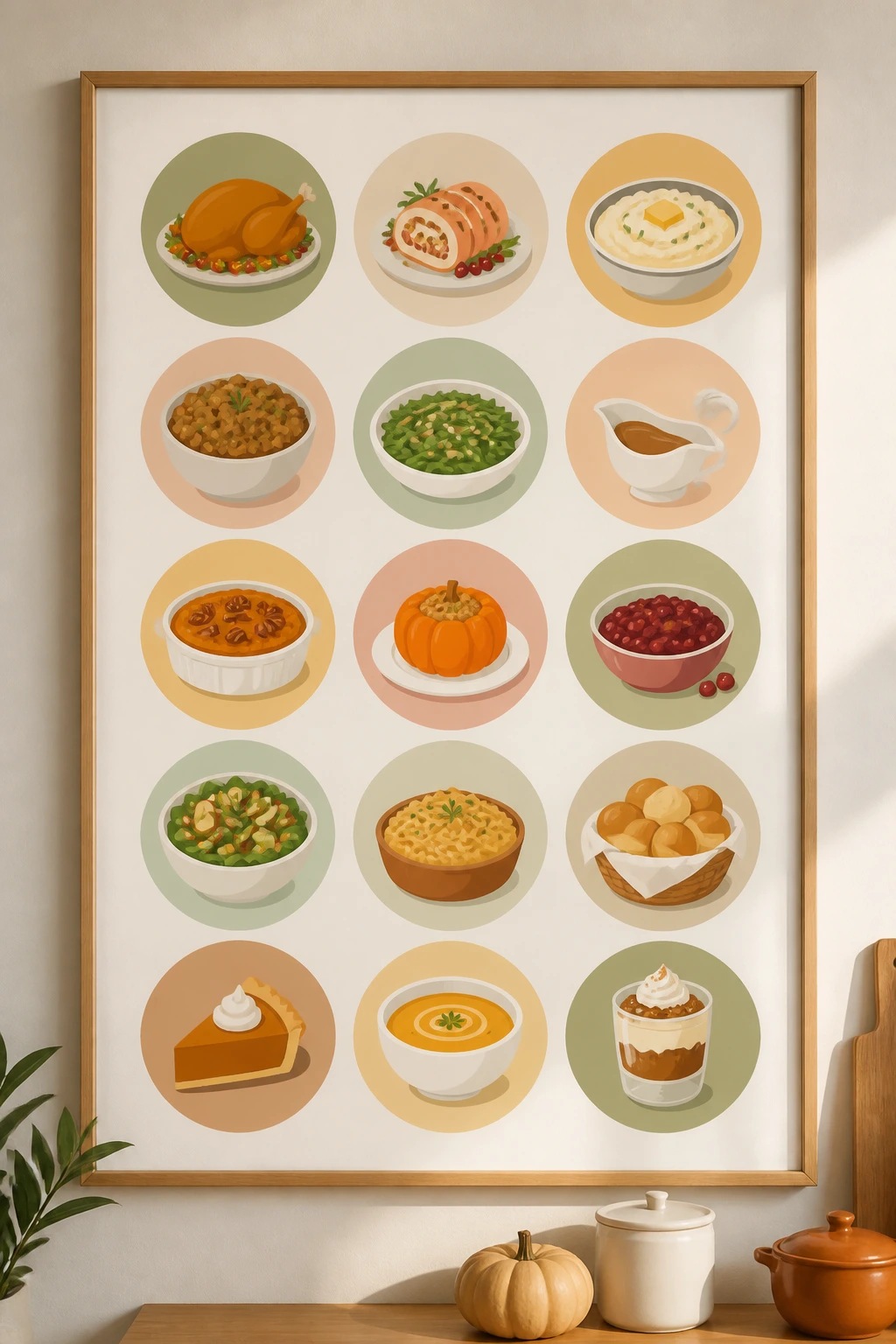 Wall chart of colorful icons representing Thanksgiving dishes