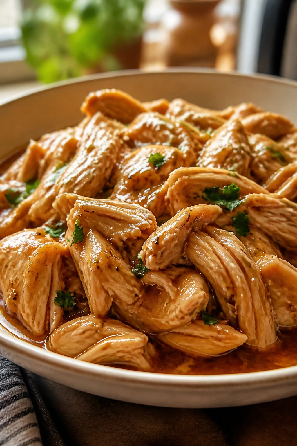 Close-up of a comforting shredded chicken dish in a shallow bowl
