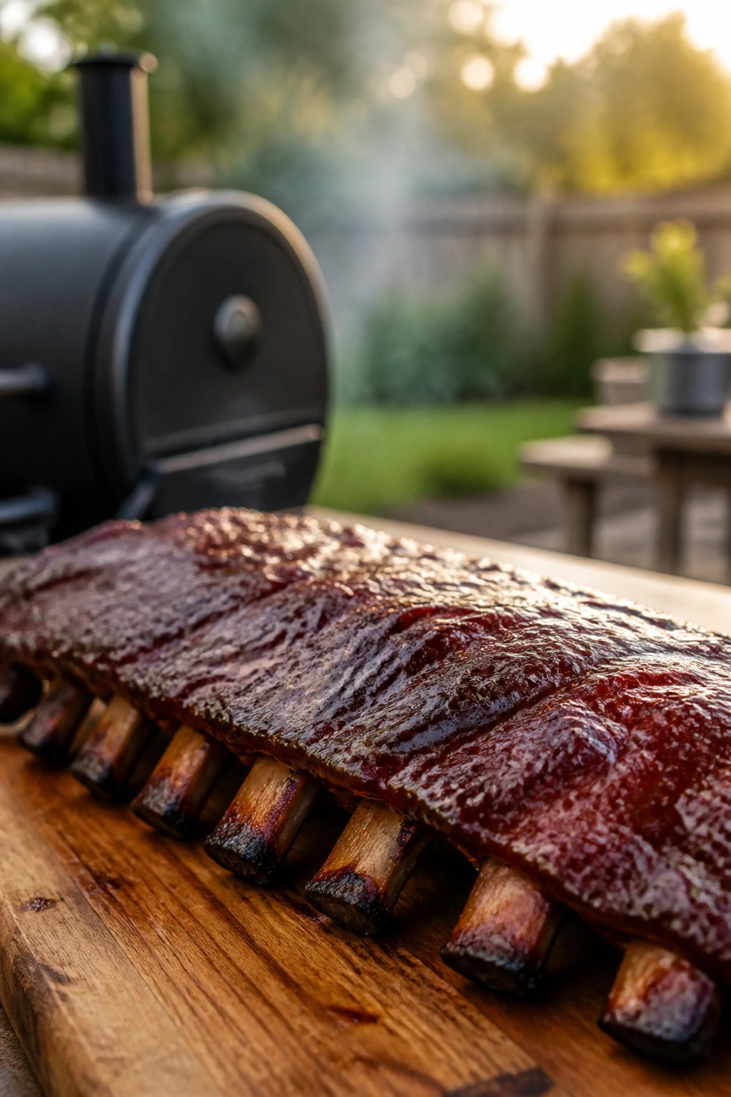 Glossy smoked baby back ribs on wooden board