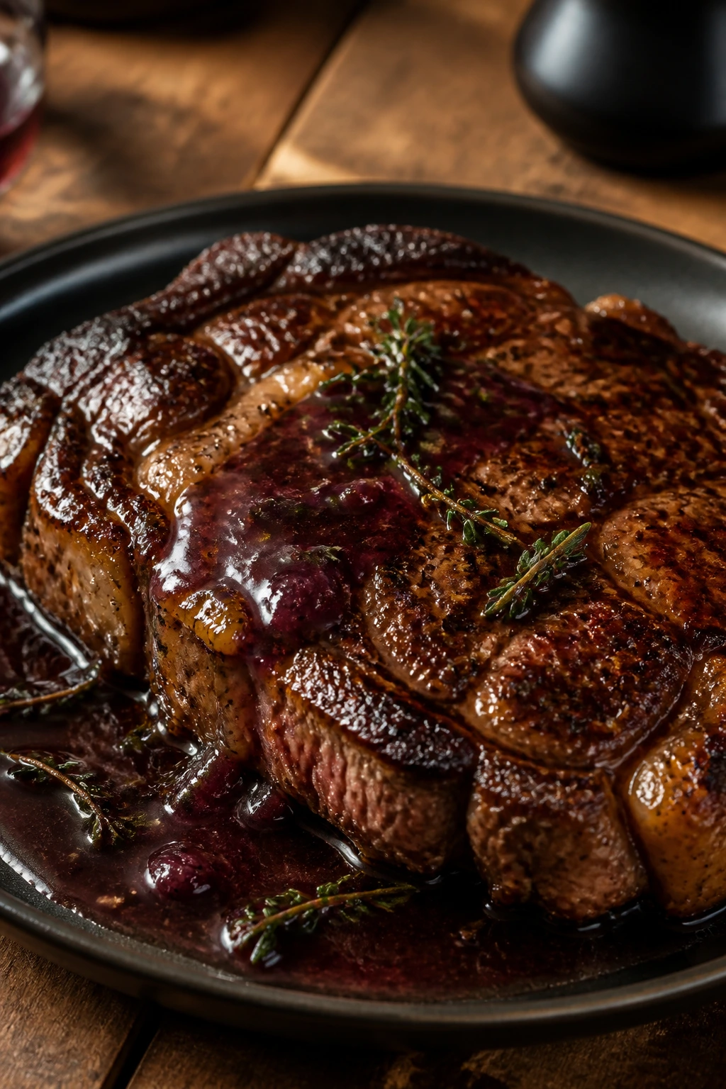 Close-up of ribeye steak with red wine pan sauce on a dark plate
