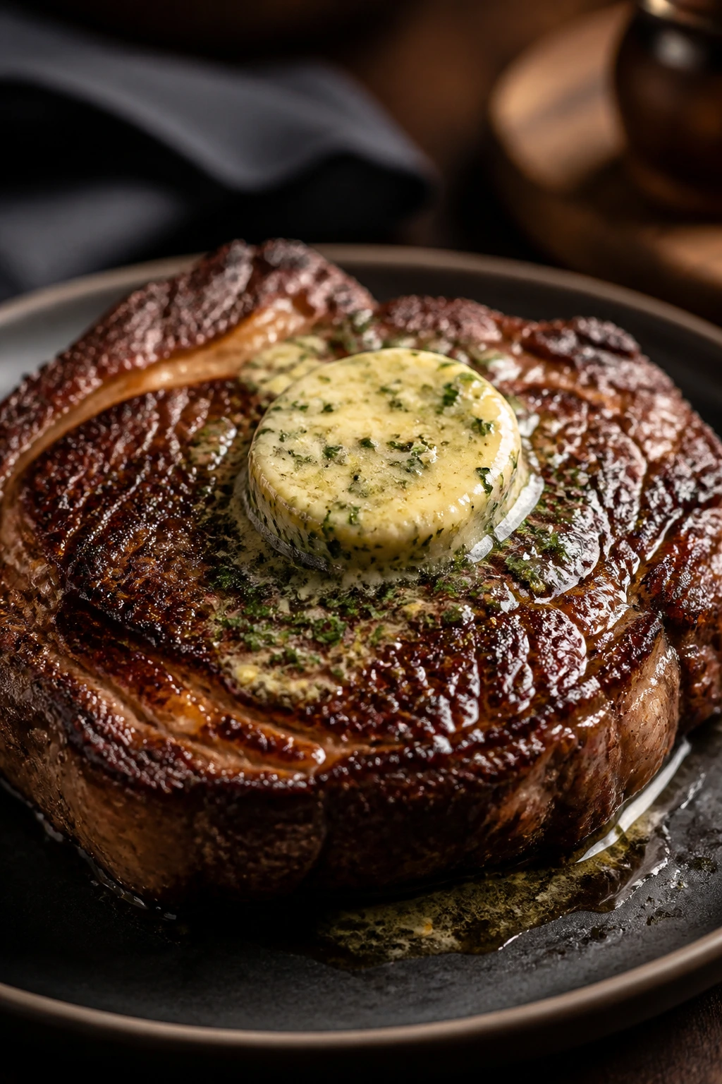 Close-up ribeye steak with garlic herb butter on a dark plate