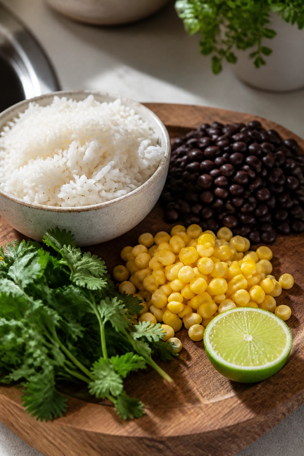 Countertop with rice, beans, corn, lime, and cilantro for meal prep